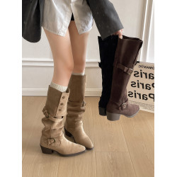 卡其復古粗跟增高尖頭靴子女長筒靴2025新款秋冬顯瘦兩穿勃肯長靴