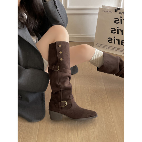 卡其復古粗跟增高尖頭靴子女長筒靴2025新款秋冬顯瘦兩穿勃肯長靴