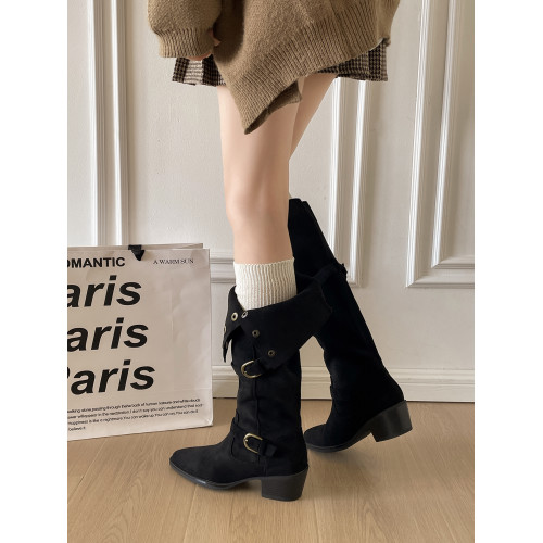 卡其復古粗跟增高尖頭靴子女長筒靴2025新款秋冬顯瘦兩穿勃肯長靴