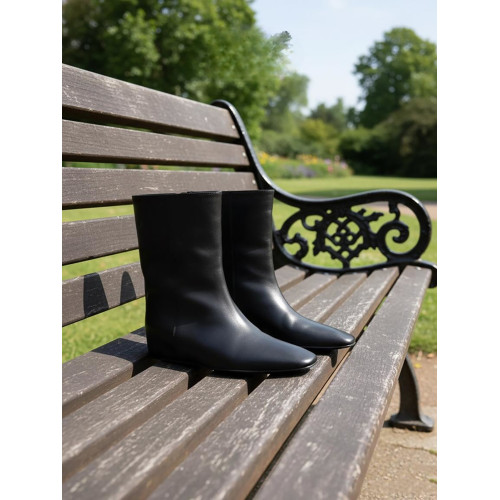 新款簡約方頭內增高坡跟寬筒中筒靴時裝套筒馬丁菸筒短靴女靴子