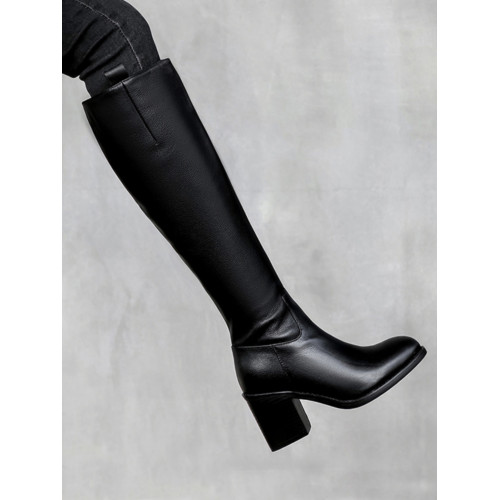 全牛皮真皮高跟騎士靴粗跟不過膝高筒靴及膝長靴秋冬新款女靴長筒