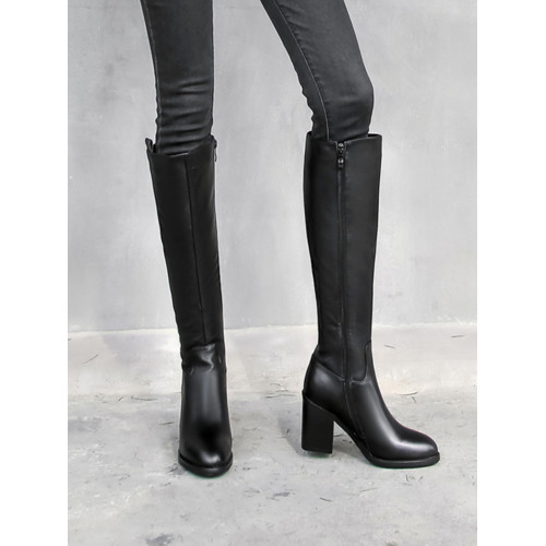 全牛皮真皮高跟騎士靴粗跟不過膝高筒靴及膝長靴秋冬新款女靴長筒