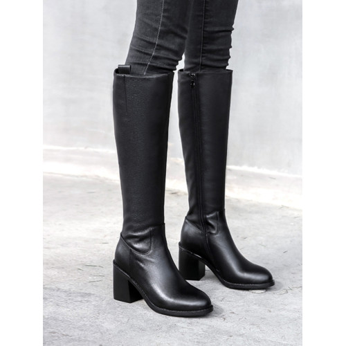 全牛皮真皮高跟騎士靴粗跟不過膝高筒靴及膝長靴秋冬新款女靴長筒