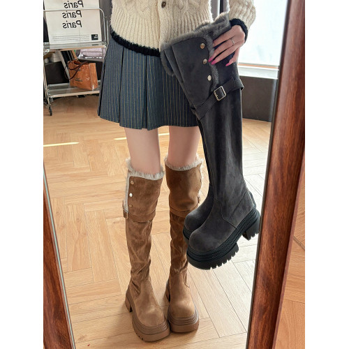 歐美風厚底過膝高筒靴女2025新款冬季皮帶釦騎士靴顯瘦加絨雪地靴