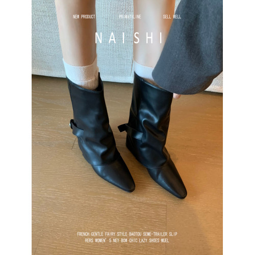 羊皮版!法式黑色中筒靴坡跟小方頭騎士靴皮帶釦褲琯靴直筒機車靴 羊皮版!法式黑色中筒靴坡跟小方頭騎士靴皮帶釦褲琯靴直筒機車靴