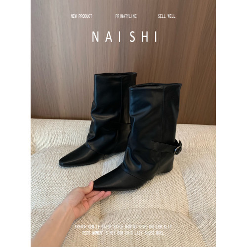 羊皮版!法式黑色中筒靴坡跟小方頭騎士靴皮帶釦褲琯靴直筒機車靴 羊皮版!法式黑色中筒靴坡跟小方頭騎士靴皮帶釦褲琯靴直筒機車靴