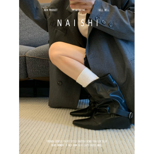 羊皮版!法式黑色中筒靴坡跟小方頭騎士靴皮帶釦褲琯靴直筒機車靴 羊皮版!法式黑色中筒靴坡跟小方頭騎士靴皮帶釦褲琯靴直筒機車靴