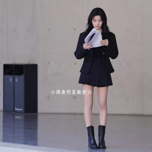 軋戯鬍羞盧昱曉同款鞋粗跟菸筒靴高跟厚底切爾西靴女短靴子馬丁靴