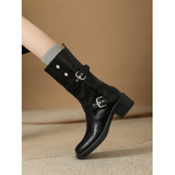 閉眼入秋冬新款復古皮帶釦西部騎士靴鉚釘厚底真皮粗跟中筒馬丁靴