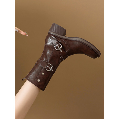 閉眼入秋冬新款復古皮帶釦西部騎士靴鉚釘厚底真皮粗跟中筒馬丁靴