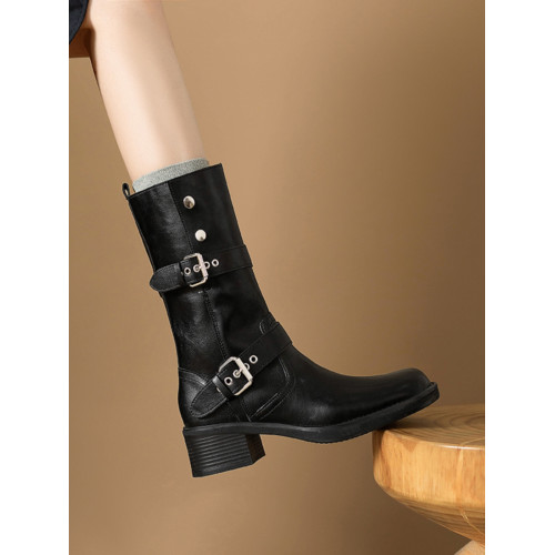 閉眼入秋冬新款復古皮帶釦西部騎士靴鉚釘厚底真皮粗跟中筒馬丁靴