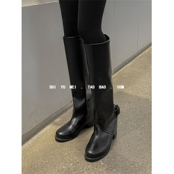 飾與美韓國東大門高筒靴皮帶釦直筒復古褲琯長靴子女2023秋冬新款