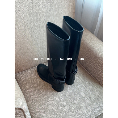 飾與美韓國東大門高筒靴皮帶釦直筒復古褲琯長靴子女2023秋冬新款