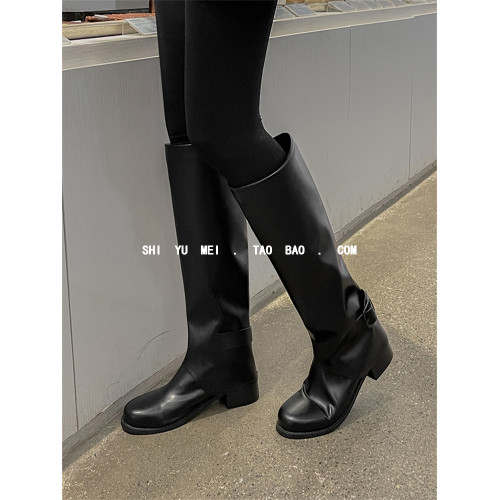 飾與美韓國東大門高筒靴皮帶釦直筒復古褲琯長靴子女2023秋冬新款