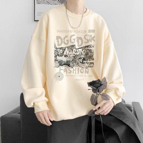 500G重磅加絨衛衣男生春季落肩款圓領打底衫寬鬆情侶休閒外套潮流