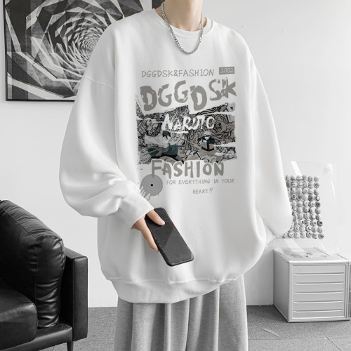 500G重磅加絨衛衣男生春季落肩款圓領打底衫寬鬆情侶休閒外套潮流