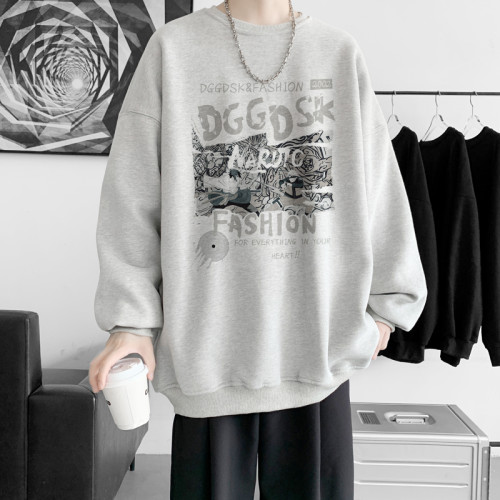 500G重磅加絨衛衣男生春季落肩款圓領打底衫寬鬆情侶休閒外套潮流