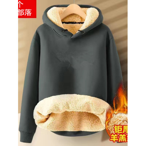 冬季加厚羊羔絨衛衣男士連帽套頭純色學生保暖上衣加絨打底衫男潮