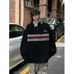 街頭復古撞色拼接polo領衛衣男美式設計做舊潮牌休閒情侶寬鬆外套