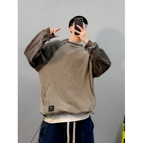 PGUP STUDIO美式復古雅痞撞色插肩袖男士寬鬆衛衣圓領休閒上衣潮