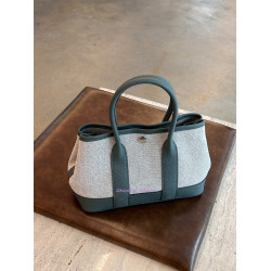 Chicxbuy 頭層牛皮拼帆布 花園包23cm 半手工蠟線 全鋼五金手提包