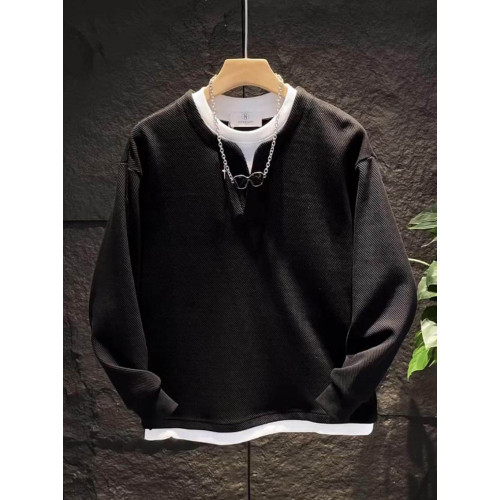 假兩件拼接慵懶風V圓領衛衣男潮流高級寬鬆百搭情侶長袖T恤打底衫