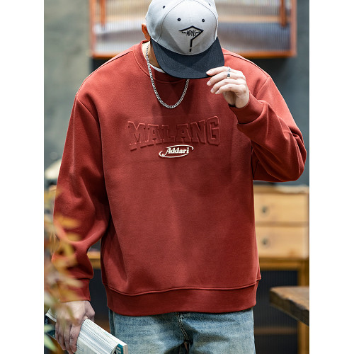 美式紅色衛衣男春秋潮流鋼母寬鬆落肩上衣圓領內搭長袖套頭衫