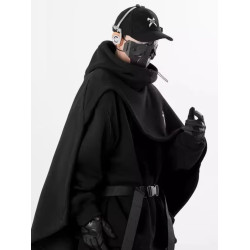 秋冬刺綉機能風高領鬥篷衛衣男女同款歐美連帽假兩件套頭披風外套