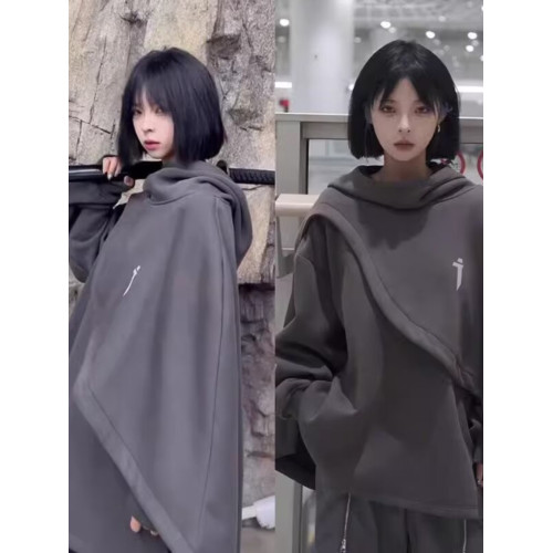 秋冬刺綉機能風高領鬥篷衛衣男女同款歐美連帽假兩件套頭披風外套