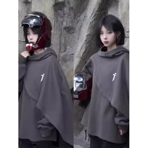 秋冬刺綉機能風高領鬥篷衛衣男女同款歐美連帽假兩件套頭披風外套