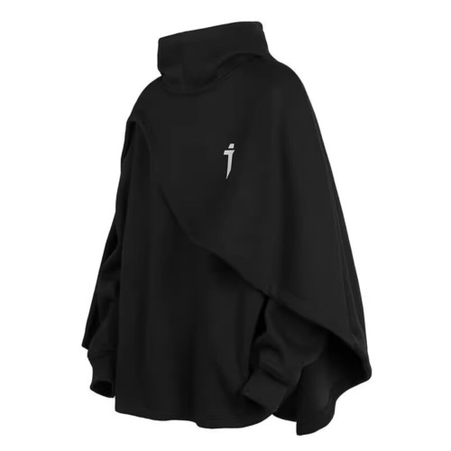 秋冬刺綉機能風高領鬥篷衛衣男女同款歐美連帽假兩件套頭披風外套