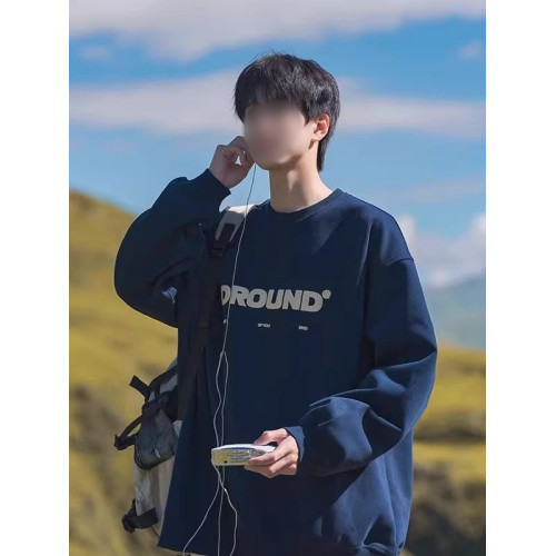 重磅日系cityboy藏青色無帽圓領衛衣男秋冬寬鬆oversize潮流上衣