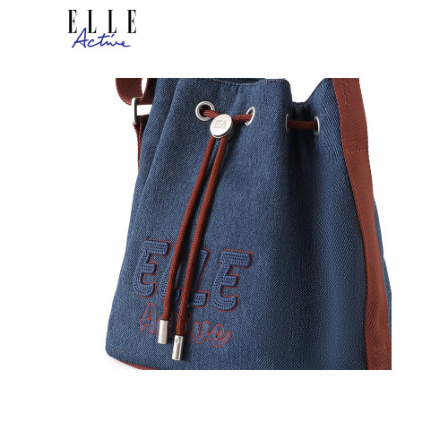 ELLE Active時尚潮流女包仿牛仔抽繩水桶包高級感氣質單肩斜後後背包