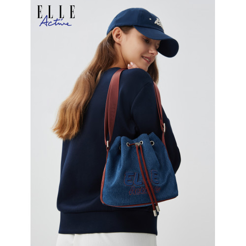 ELLE Active時尚潮流女包仿牛仔抽繩水桶包高級感氣質單肩斜後後背包