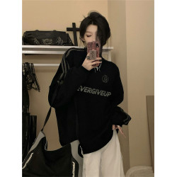 媽個雞媽MGJM美式字母運動條紋圓領衛衣情侶寬鬆長袖上衣男女秋季