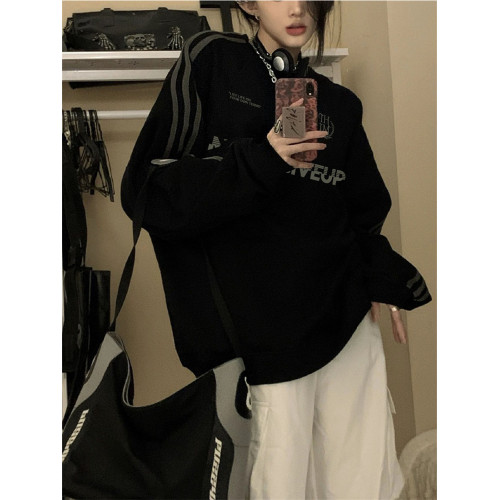 媽個雞媽MGJM美式字母運動條紋圓領衛衣情侶寬鬆長袖上衣男女秋季