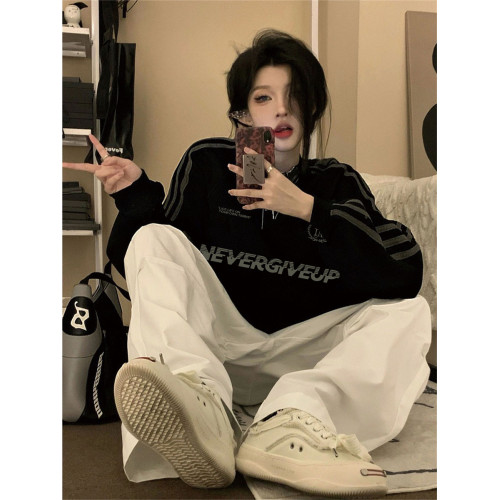 媽個雞媽MGJM美式字母運動條紋圓領衛衣情侶寬鬆長袖上衣男女秋季