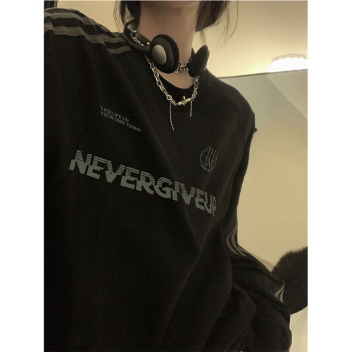 媽個雞媽MGJM美式字母運動條紋圓領衛衣情侶寬鬆長袖上衣男女秋季