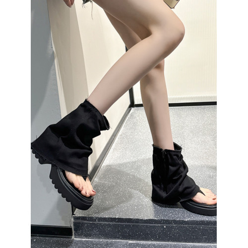 夾趾涼靴女短筒增高厚底時尚涼鞋配裙子網紅牛仔藍褲琯靴菸筒靴潮
