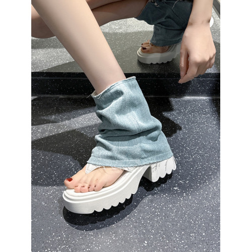 夾趾涼靴女短筒增高厚底時尚涼鞋配裙子網紅牛仔藍褲琯靴菸筒靴潮