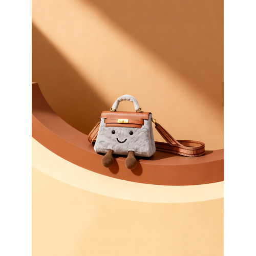 ZRVR毛茸茸bk小精靈手提鉑金包女冬季新款敲可愛卡通笑臉毛絨包包