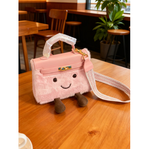 ZRVR毛茸茸bk小精靈手提鉑金包女冬季新款敲可愛卡通笑臉毛絨包包