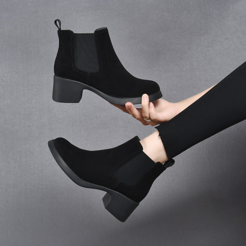 真皮切爾西短靴女春秋單靴粗跟2026新款高跟菸筒靴女英倫風馬丁靴