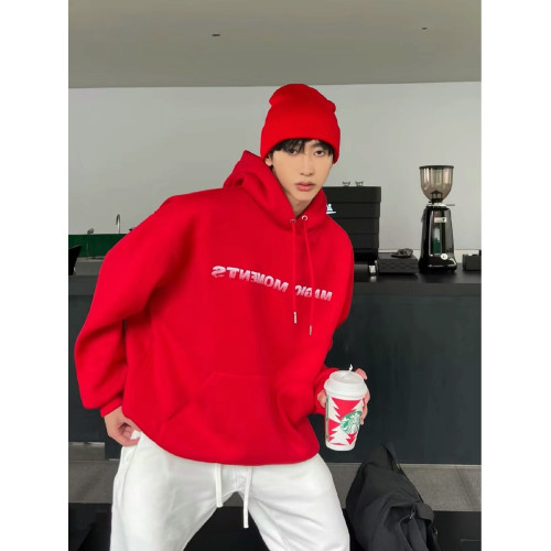 本命年紅色美式衛衣男連帽加絨加厚冬季寬鬆套頭上衣外套百搭潮流