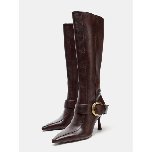 ZA2025冬季新款復古搭釦皮帶釦尖頭高跟長筒靴子顯瘦不過膝騎士靴