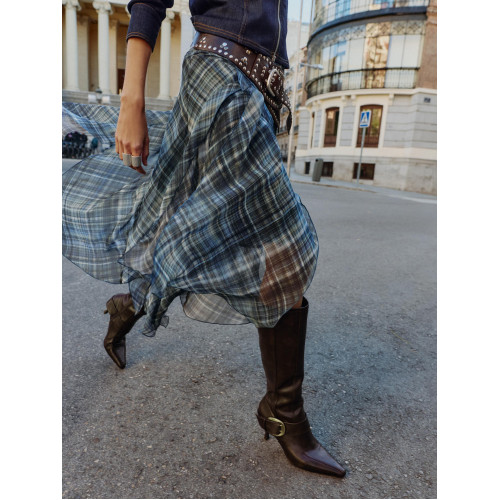 ZA2025冬季新款復古搭釦皮帶釦尖頭高跟長筒靴子顯瘦不過膝騎士靴