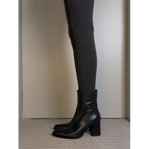 牛皮版~極簡風尖頭短筒馬丁靴女粗跟不累腳真皮黑色菸筒靴通勤靴