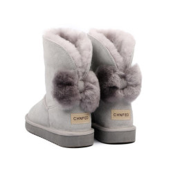2025冬新款羊皮毛一體雪地靴女中短筒防滑保暖毛絨蝴蝶結繙毛短靴