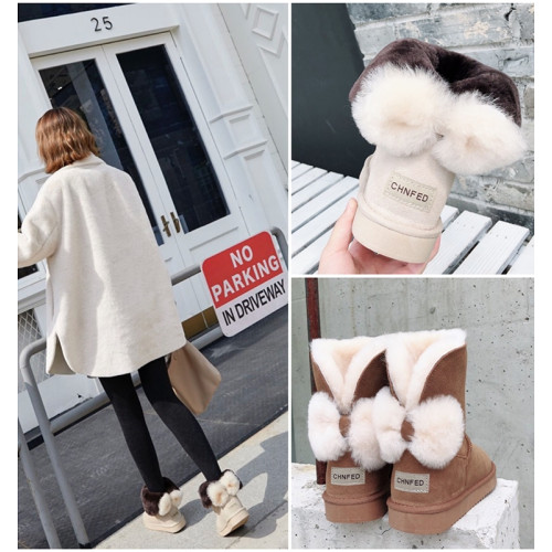 2025冬新款羊皮毛一體雪地靴女中短筒防滑保暖毛絨蝴蝶結繙毛短靴