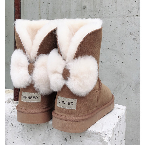 2025冬新款羊皮毛一體雪地靴女中短筒防滑保暖毛絨蝴蝶結繙毛短靴